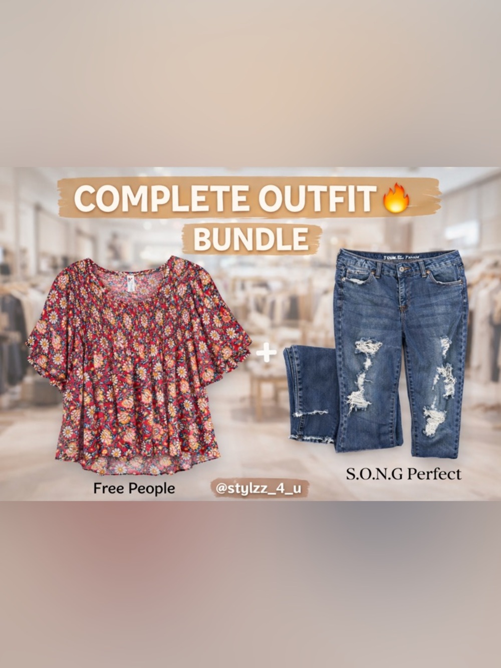 Free People Floral Top + S.O.N.G Perfect Jeans Bundle | Size L Top | Size 15/32